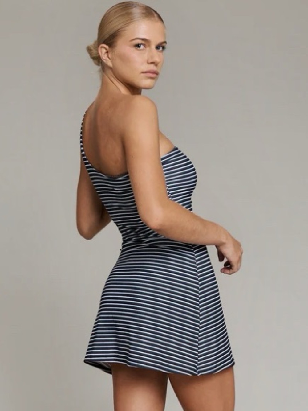ACACIA - Nautical Stripe Joss One Shoulder Surf Dress with Shorts in Riggs - S